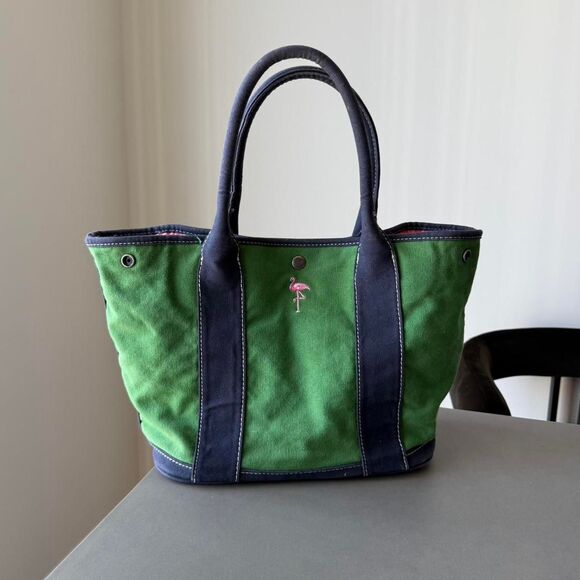 J. Crew Handbags - J.Crew Green and Navy canvas tote bag with Flamingos